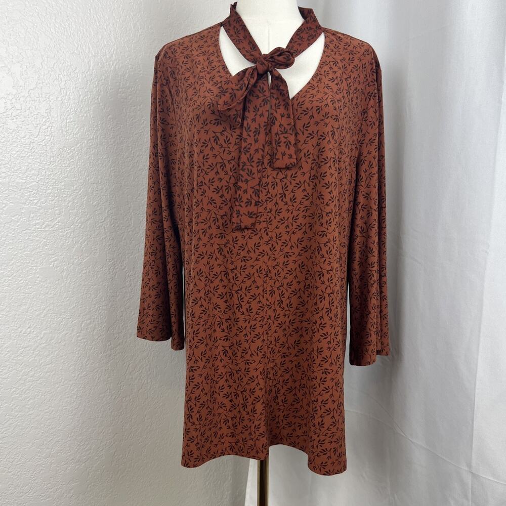 Style Co Top Womens 2X Orange Floral Leaf Tie Neck Stretch Mature Comfort Casual